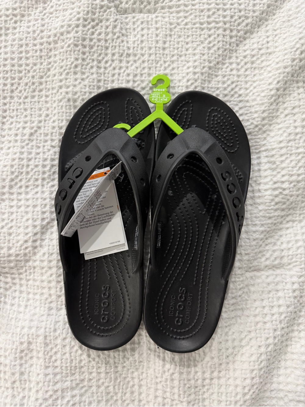 CROCS women’s Black Flip Sandals with Logo Strap - Picture 2 of 4